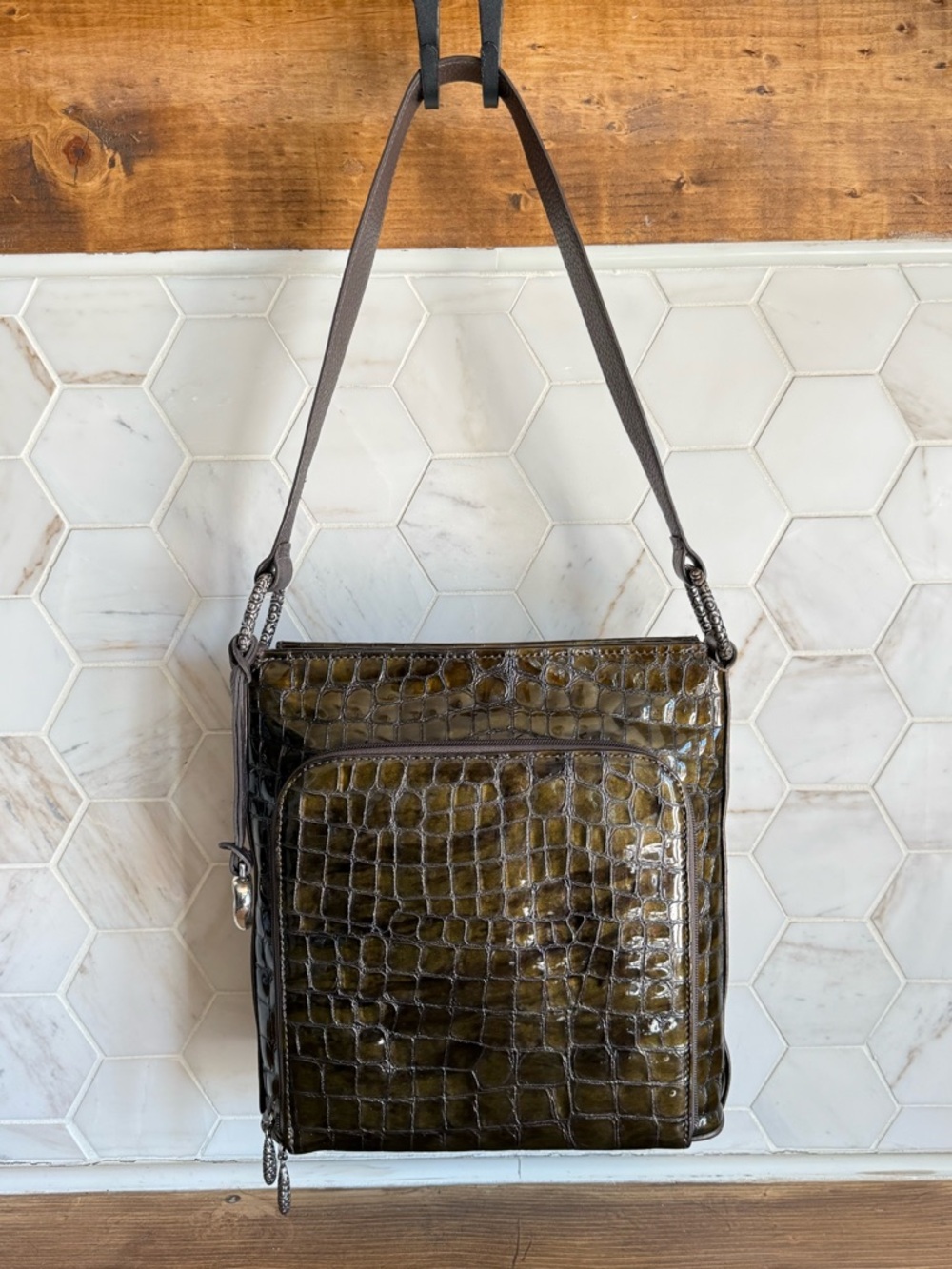 Brighton Sonny lil Cher olive green croc patent leather bag